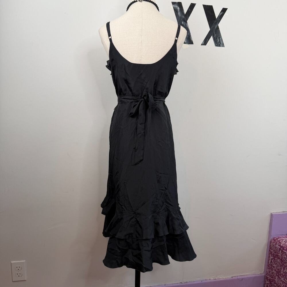 Vintage Y2K Black Silk Ruffle V-Neck Tie-Waist Romantic Tiered Midi Slip Dress 4 - Picture 5 of 8